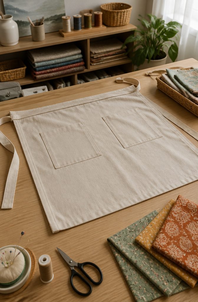 Half apron laid flat on a wooden table with sewing tools.