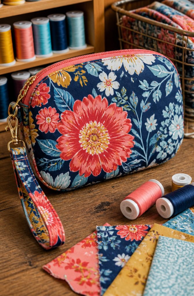 Wristlet purse displayed with a zipper and fabric details.