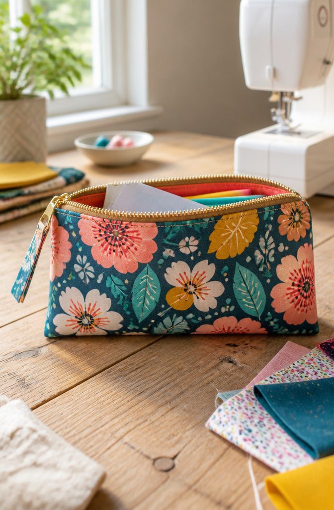 Zipper pencil pouch showing fabric and a pull tab.