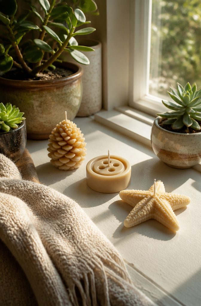 20 Cute DIY Room Decor Ideas for 2026 1 Three handmade candle molds resembling a pinecone, button, and starfish.