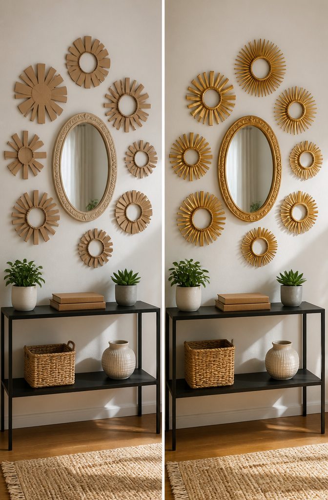 20 Cute DIY Room Decor Ideas for 2026 11 Sunburst mirror frame made from cardboard around a mirror.