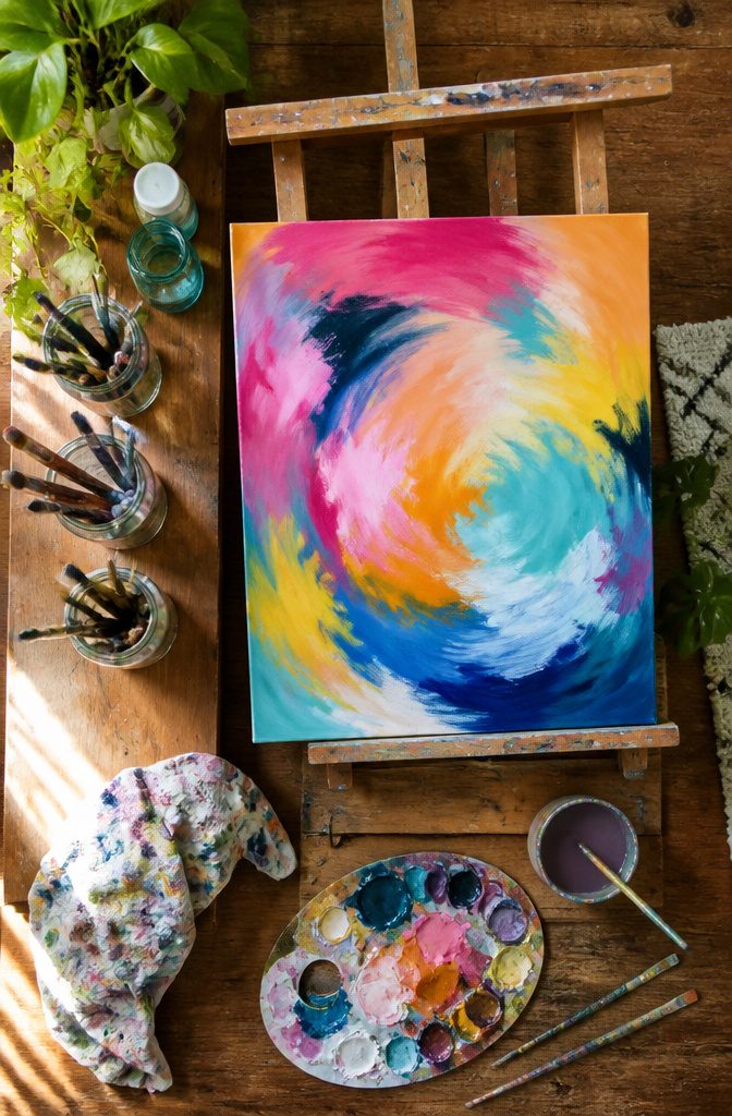 20 Cute DIY Room Decor Ideas for 2026 18 Canvas painting displayed above a desk.