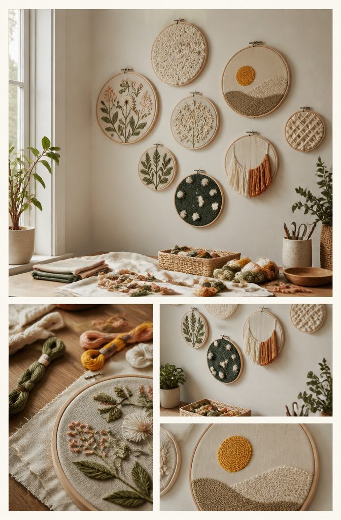 20 Cute DIY Room Decor Ideas for 2026 20 Fabric stretched in embroidery hoops arranged on a wall.