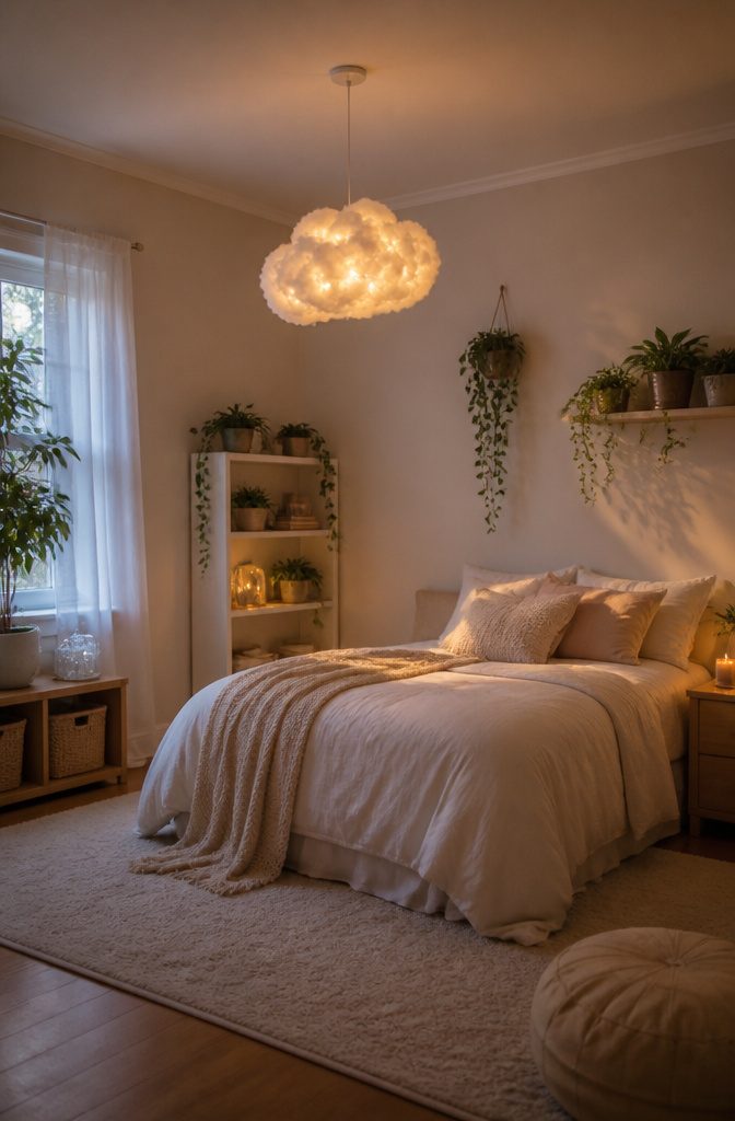 20 Cute DIY Room Decor Ideas for 2026 8 A cloud-shaped light made from a paper lantern and batting.