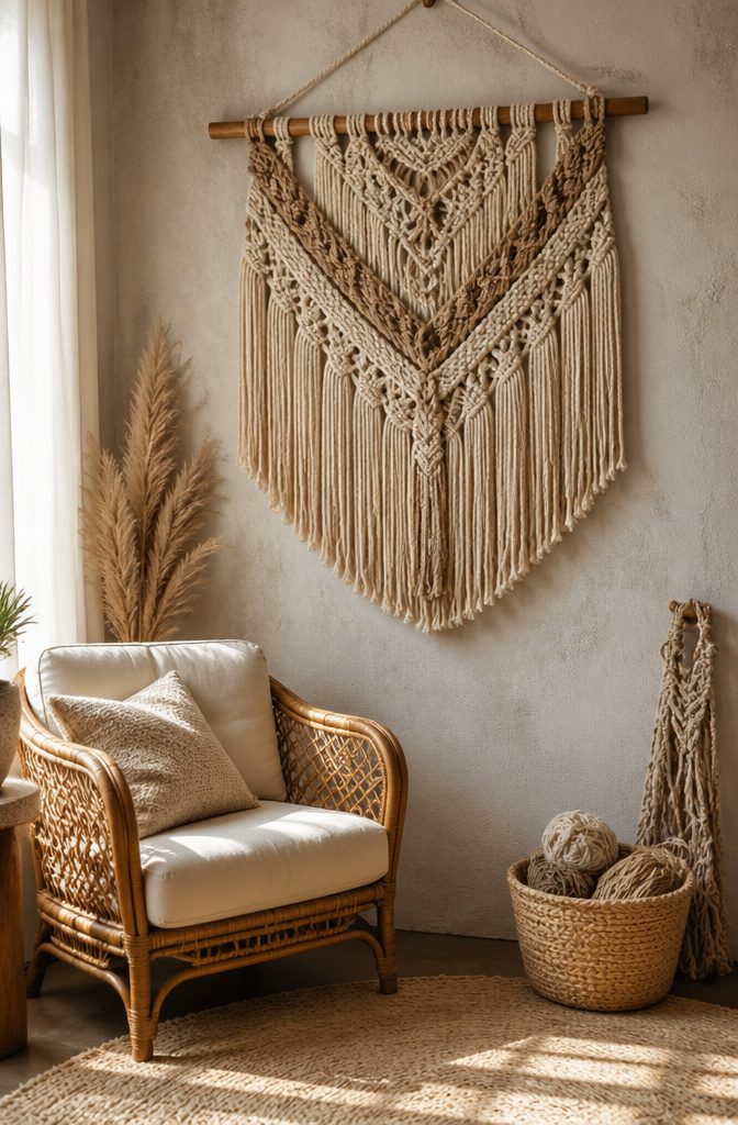 20 Cute DIY Room Decor Ideas for 2026 15 Macrame wall hanging in natural tones above an armchair.