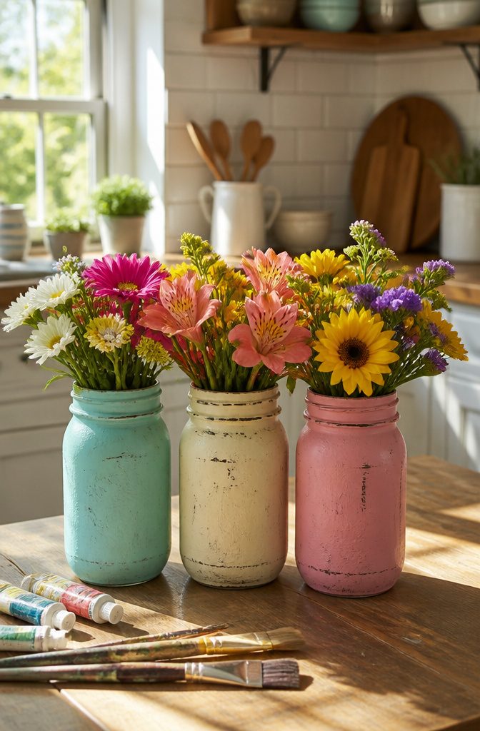 20 Cute DIY Room Decor Ideas for 2026 16 Mason jars painted and used as decorative vases.