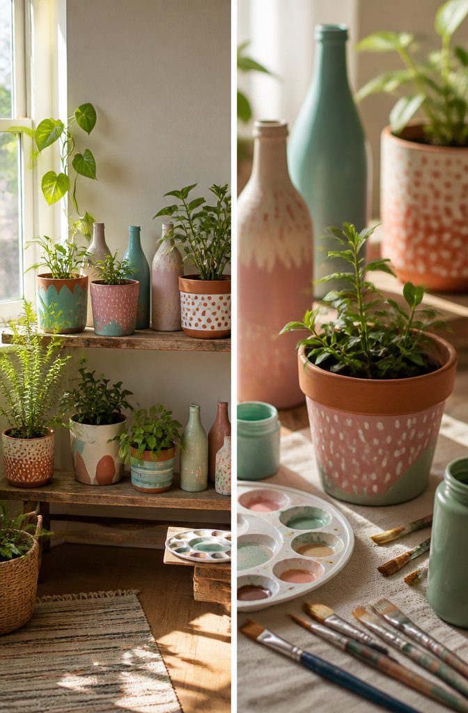 20 Cute DIY Room Decor Ideas for 2026 13 Glass bottles and terra cotta pots with paint applied.