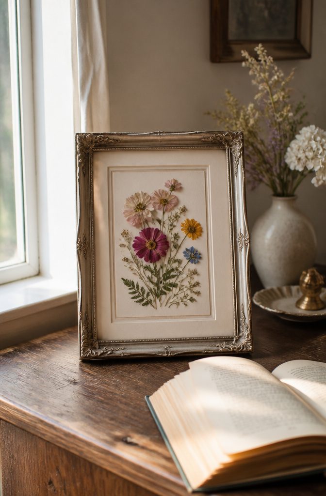 20 Cute DIY Room Decor Ideas for 2026 19 A framed pressed flower arrangement resting on a table.