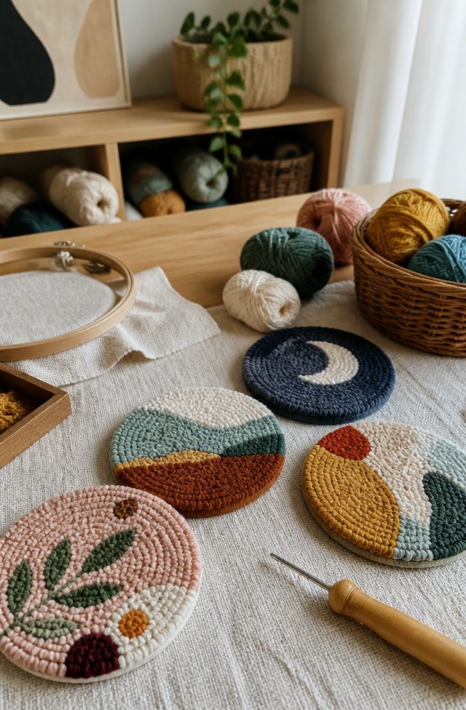 20 Cute DIY Room Decor Ideas for 2026 7 Colorful punch needle coasters with various yarns on a craft table.