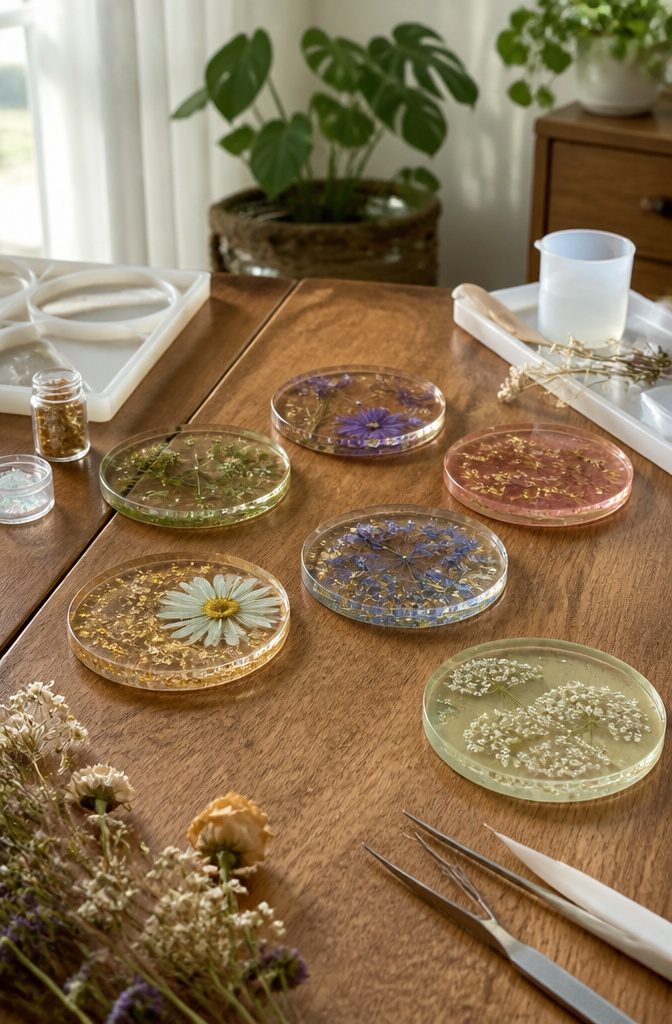 20 Cute DIY Room Decor Ideas for 2026 6 Set of resin coasters with flowers and flakes on a table.