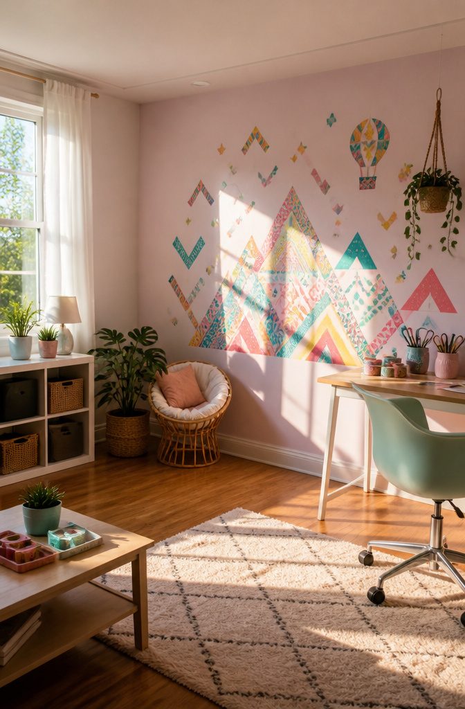 20 Cute DIY Room Decor Ideas for 2026 14 Geometric patterns made from washi tape on a wall.