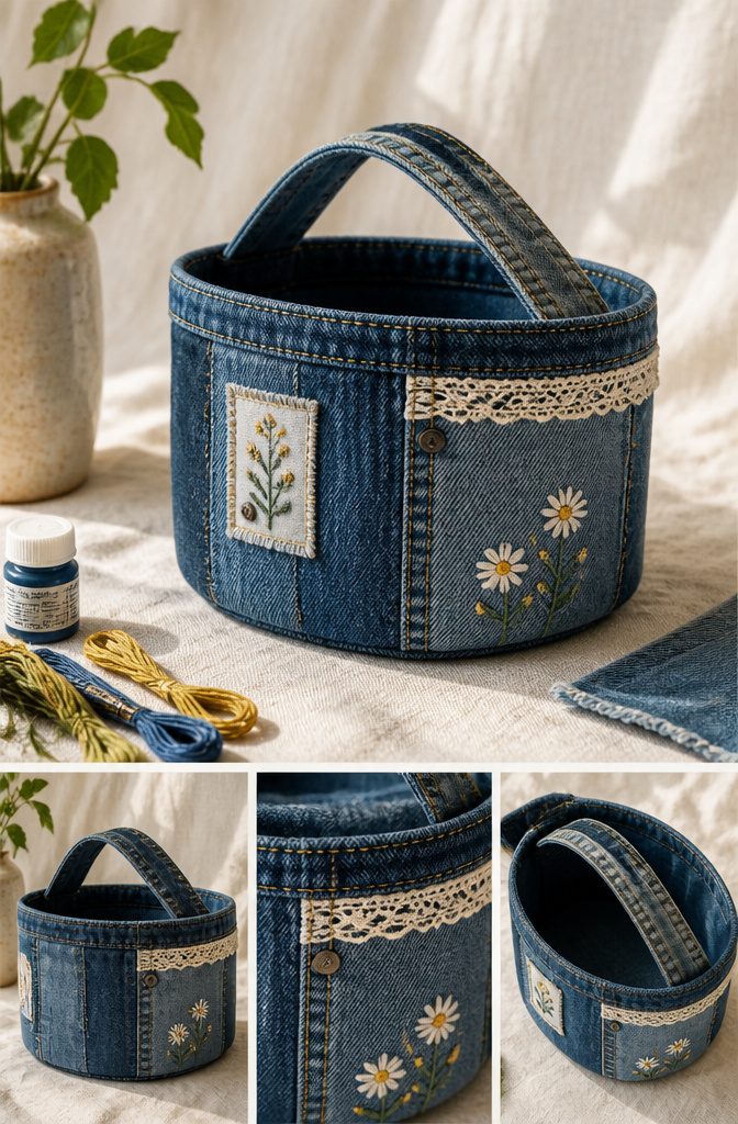 How to Make a Denim Basket from Old Jeans in 6 Steps 5 A display of various embellishments for denim baskets.