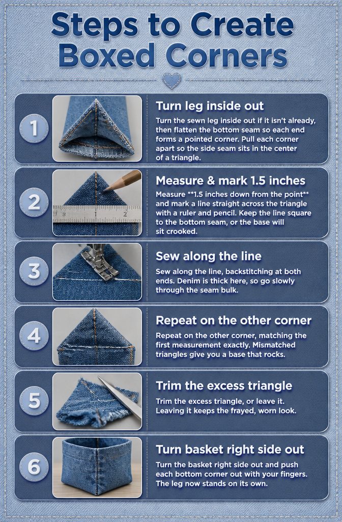 How to Make a Denim Basket from Old Jeans in 6 Steps 3 An instructional image showing steps to create boxed corners on a denim basket.