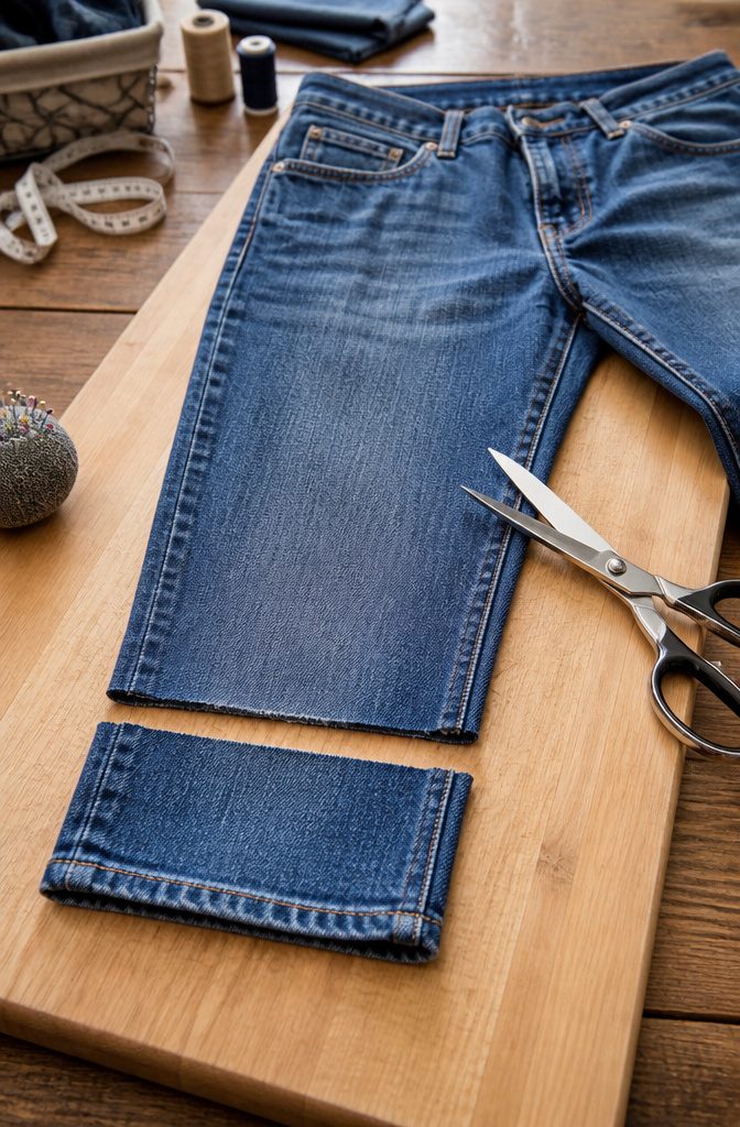 How to Make a Denim Basket from Old Jeans in 6 Steps 1 A pair of jeans with the leg cut for basket making.
