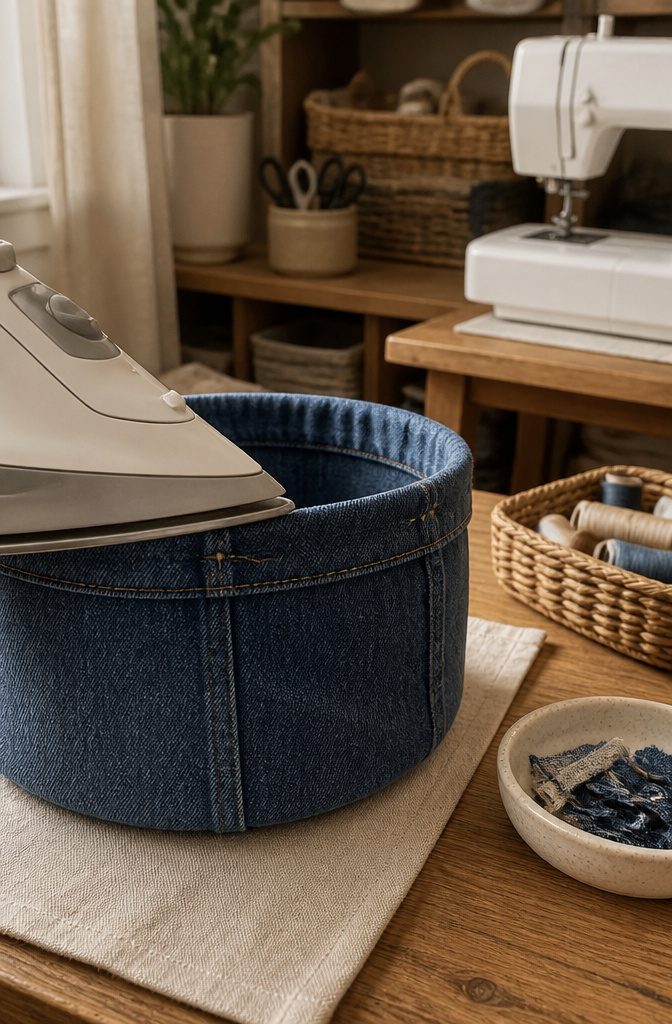 How to Make a Denim Basket from Old Jeans in 6 Steps 6 A denim basket's top edge being ironed flat for finishing touches.