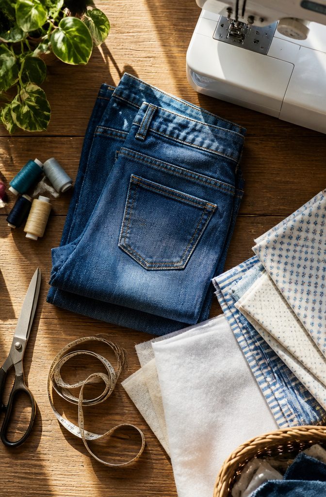 How to Make a Denim Basket from Old Jeans in 6 Steps 7 A collection of materials needed for making denim baskets.
