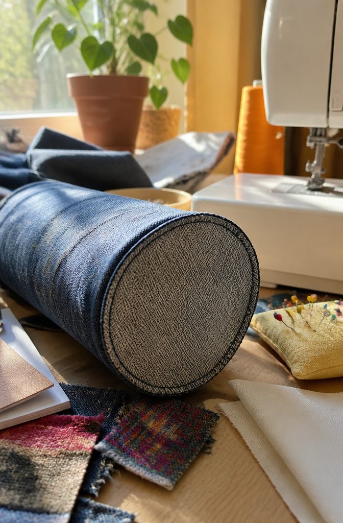 How to Make a Denim Basket from Old Jeans in 6 Steps 2 Inside view of a denim leg sewn shut with a sewing machine in the background.