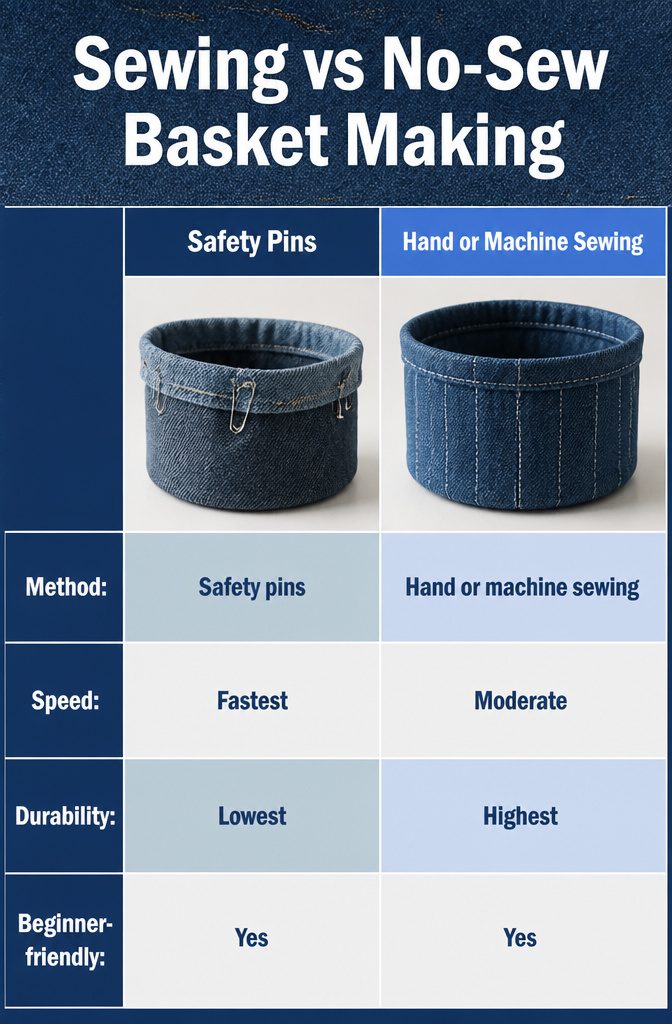 How to Make a Denim Basket from Old Jeans in 6 Steps 8 A chart comparing sewing and no-sew methods for making baskets.
