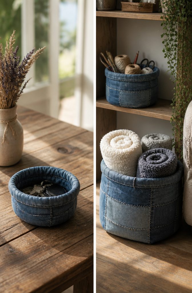 How to Make a Denim Basket from Old Jeans in 6 Steps 9 Different sizes of denim baskets displayed for comparison.