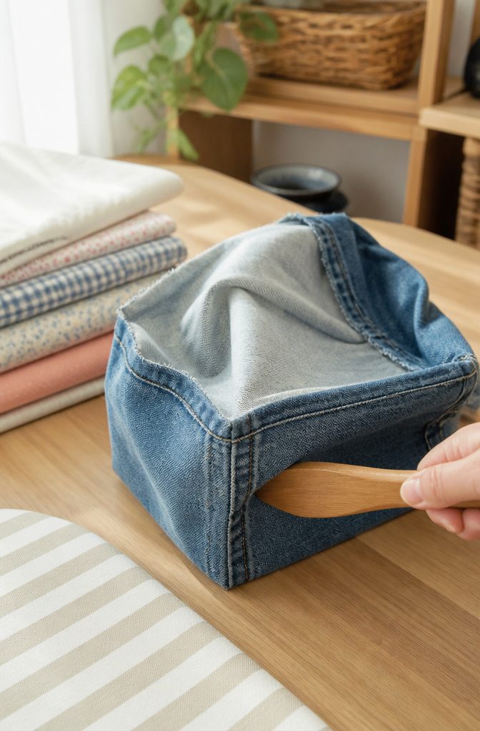 How to Make a Denim Basket from Old Jeans in 6 Steps 4 Hands using a wooden spoon to push out the corners of a denim basket.