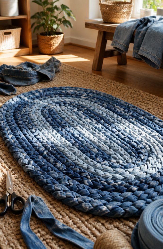 An oval braided denim rug made from three strands of denim strips.