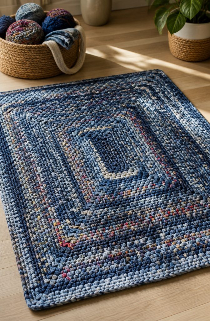 A crocheted rug made from denim strips and colorful yarn.
