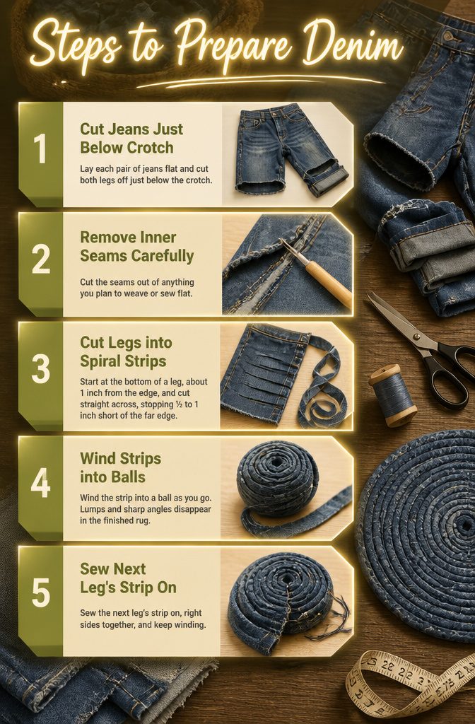 Instructions for cutting old jeans into strips for rug making.