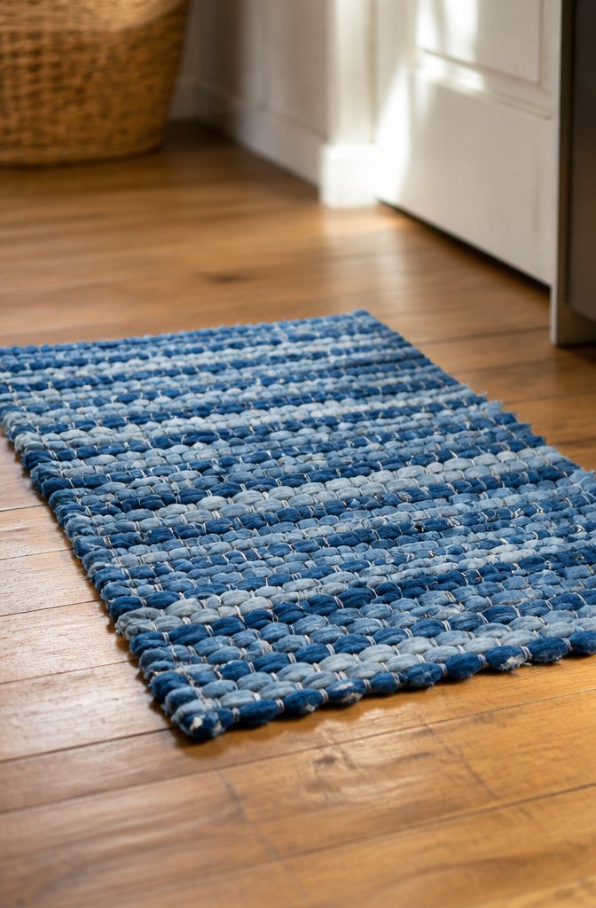 A small denim mat made from old jeans, suitable for novice rug makers.