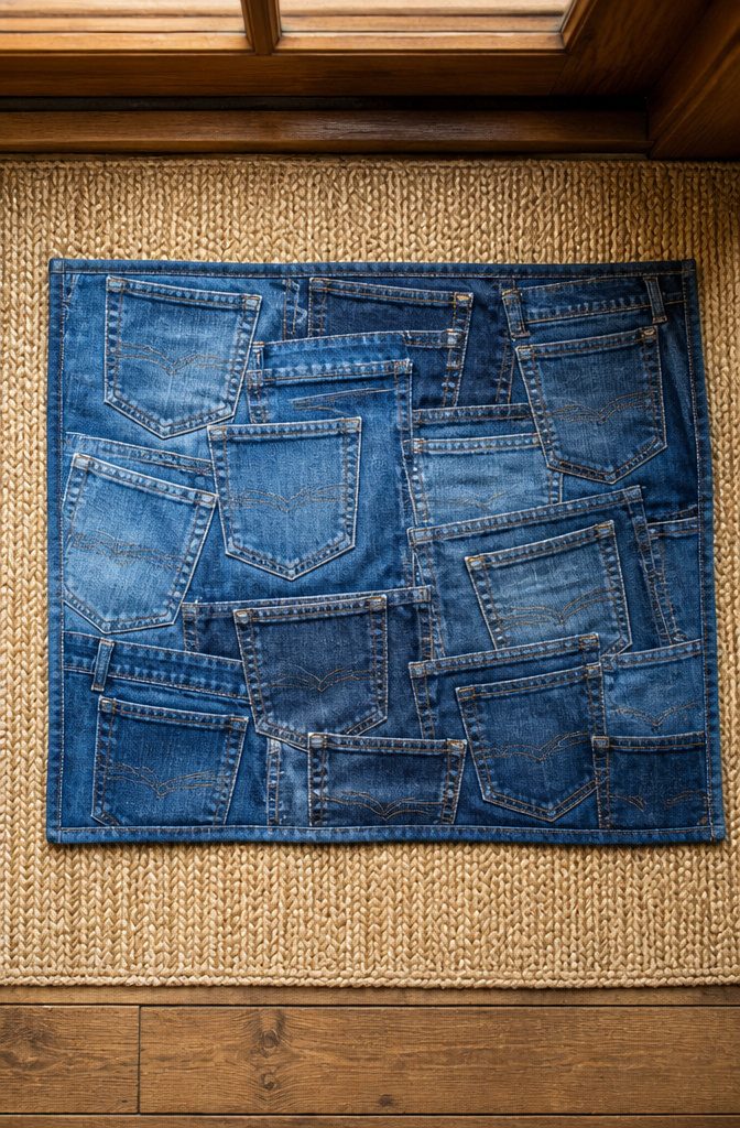A doormat made from denim back pockets arranged in rows.
