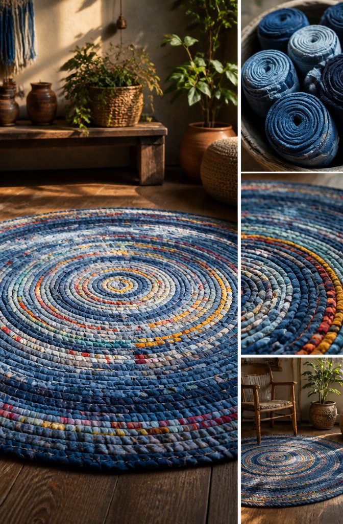 A traditional denim rag rug created from cut strips of old jeans.