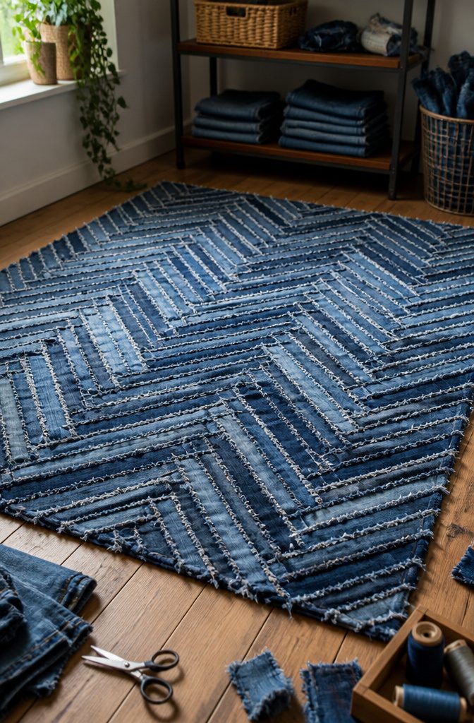 A rug made from inner seams of jeans, displaying various shades of blue.