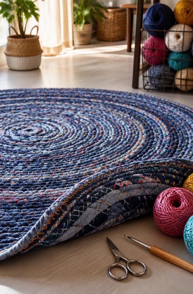 A denim yarn rug formed from spiral strips and colorful yarn.