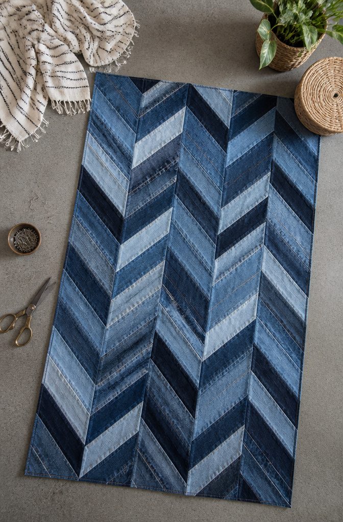 A chevron denim rug featuring angled strips arranged in a zigzag pattern.
