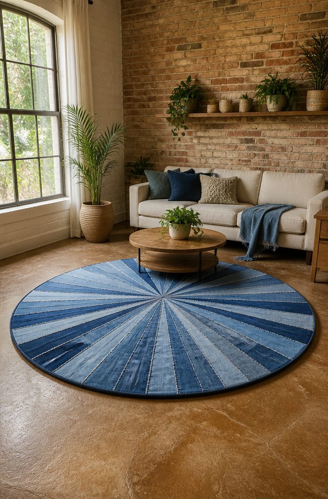 A round denim rug made from the legs of old jeans in a circular design.