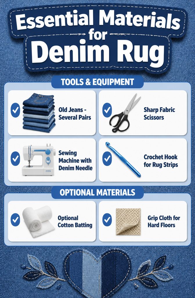 Materials needed for a denim rug project, including jeans and craft tools.