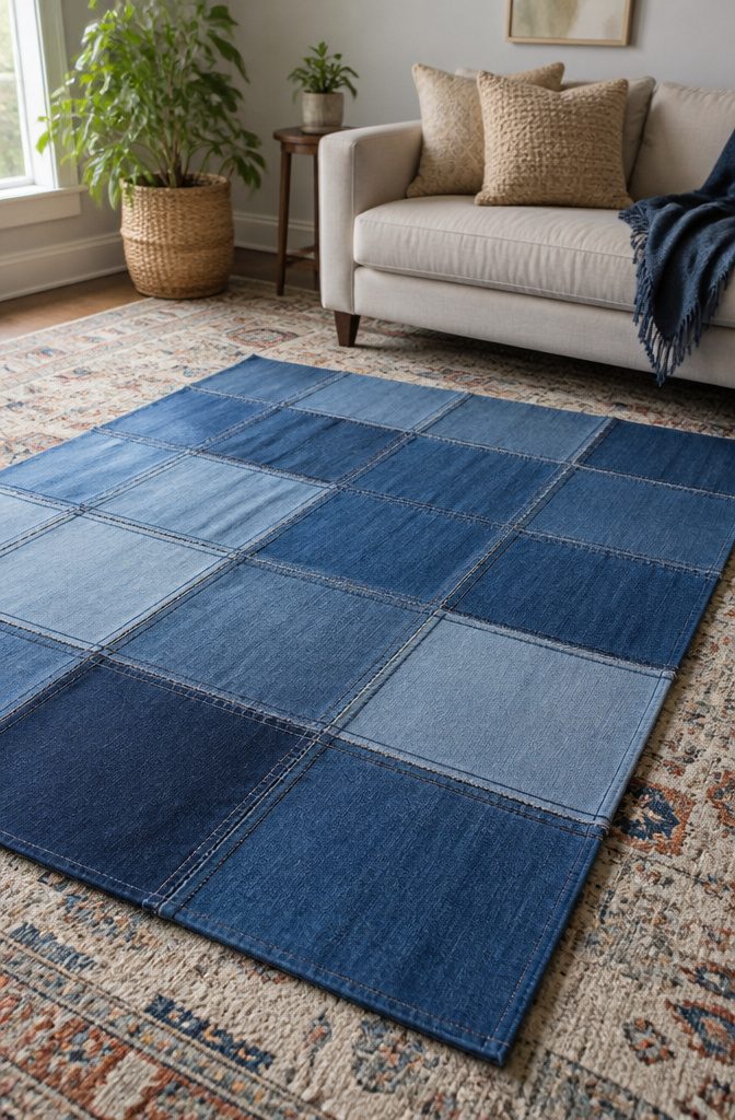 A patchwork denim rug made from stitched squares and cotton batting.