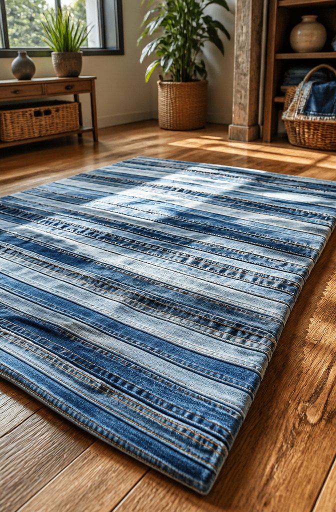 A denim rug made from blue jean waistbands displayed on a hardwood floor.