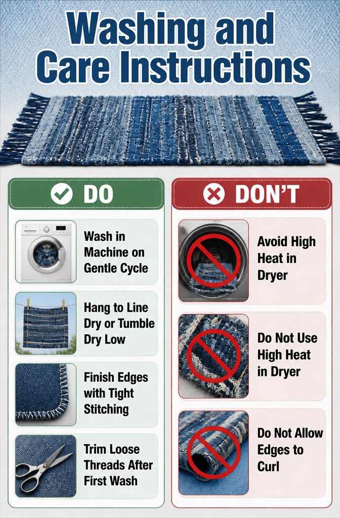 Washing and care instructions for maintaining denim rugs.