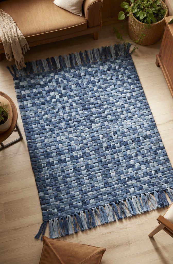 A woven denim rug featuring vertical and horizontal strips with fringe.
