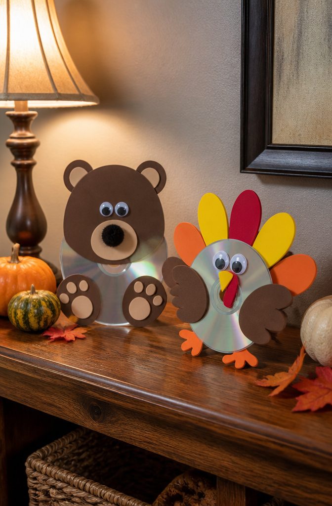 25 DIY CD Decor Ideas for Walls, Desks and Home Corners 8 Cute bear and turkey crafts made from CDs and foam sheets.