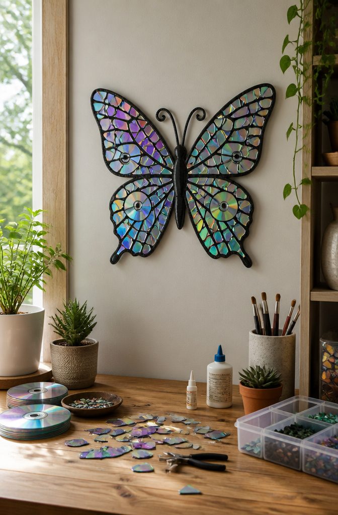 25 DIY CD Decor Ideas for Walls, Desks and Home Corners 14 Butterfly artwork made from mosaic pieces of CDs.