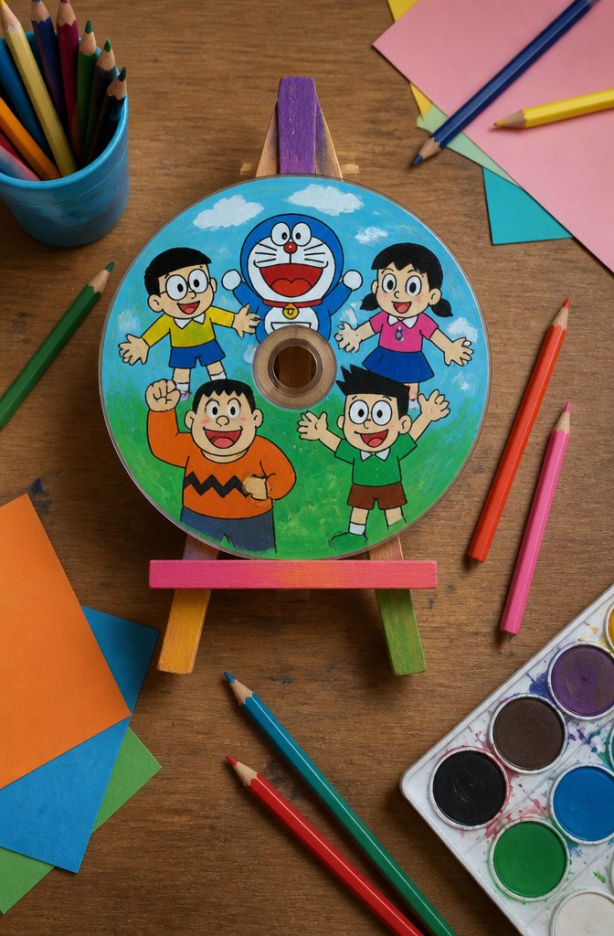 25 DIY CD Decor Ideas for Walls, Desks and Home Corners 17 CD painted with cartoon characters and bold outlines.