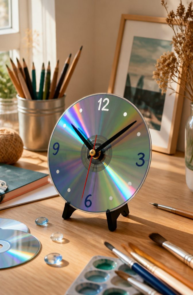 25 DIY CD Decor Ideas for Walls, Desks and Home Corners 24 Clock made from a CD with painted numbers and clock hands.