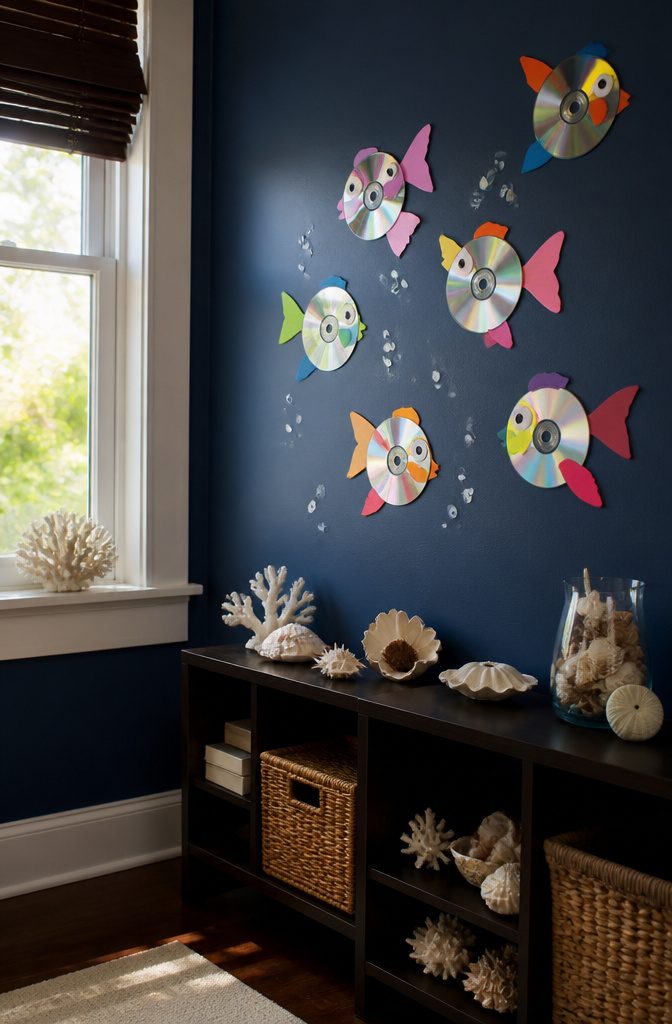 25 DIY CD Decor Ideas for Walls, Desks and Home Corners 5 Colorful fish decorations made from CDs and cardstock fins.