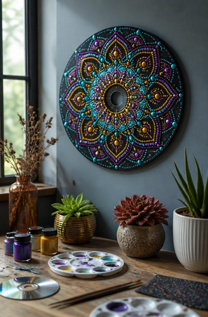 25 DIY CD Decor Ideas for Walls, Desks and Home Corners 4 CD decorated with colorful acrylic dots forming a mandala design.