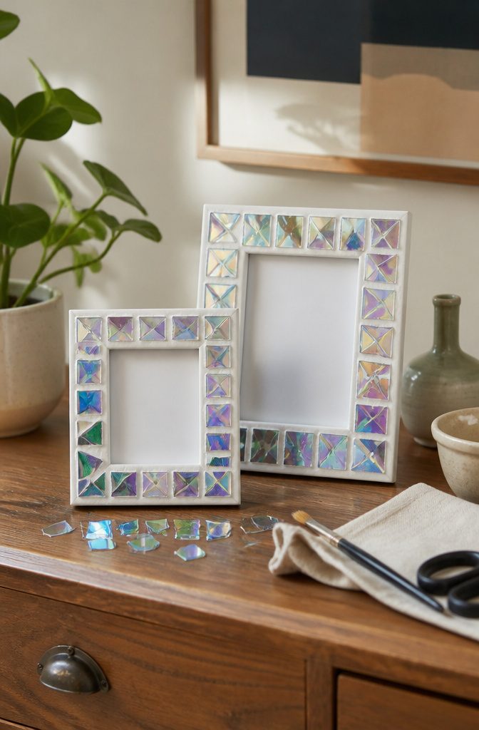 25 DIY CD Decor Ideas for Walls, Desks and Home Corners 25 Picture frames decorated with cut pieces from CDs.