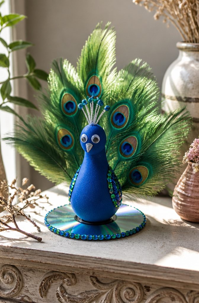 25 DIY CD Decor Ideas for Walls, Desks and Home Corners 12 Peacock decoration made from feathers and foam on a CD.