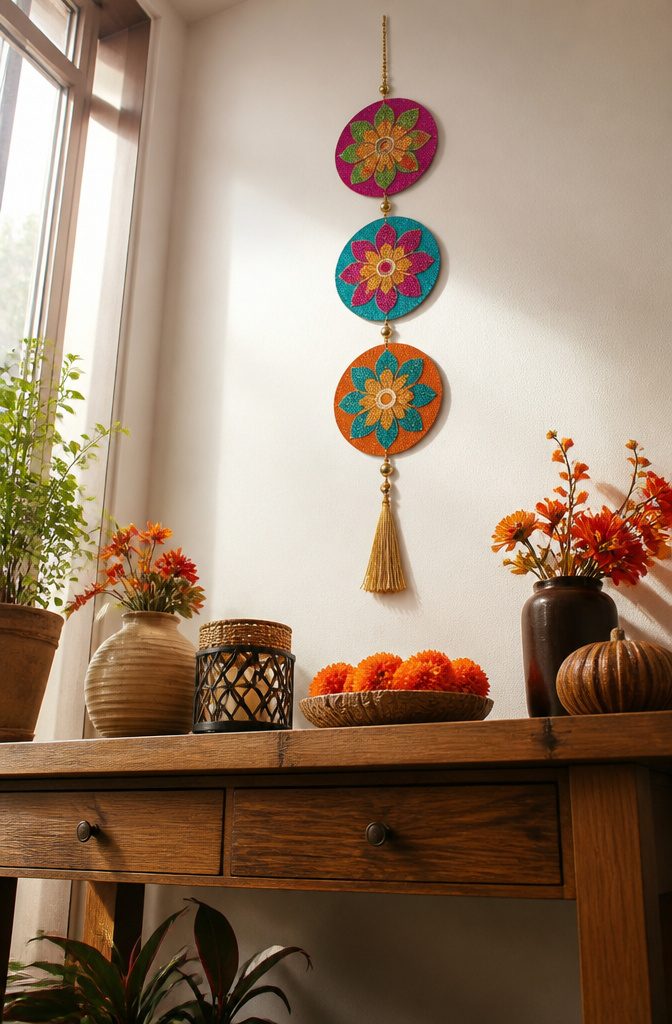 25 DIY CD Decor Ideas for Walls, Desks and Home Corners 13 Three decorated CDs hanging vertically with glitter and beads.