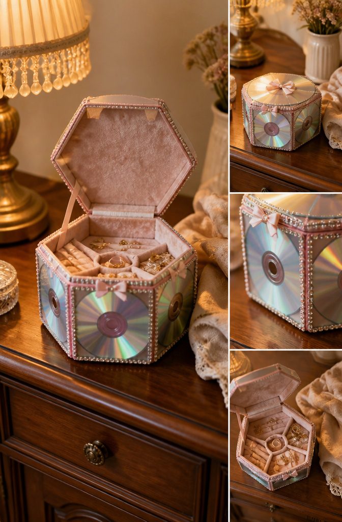 25 DIY CD Decor Ideas for Walls, Desks and Home Corners 18 Hexagonal jewelry box made from six CDs and ribbon.