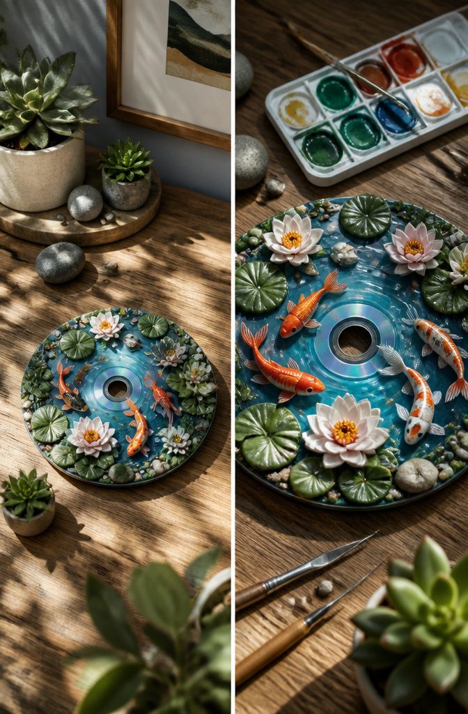 25 DIY CD Decor Ideas for Walls, Desks and Home Corners 16 3D pond scene made from clay koi and lily pads on a CD.